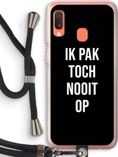 Case Company® - Hoesje met koord geschikt voor Samsung Galaxy A20e hoesje met Koord - Ik pak nooit op - Zwart - Telefoonhoesje met Zwart Koord - Bescherming aan alle Kanten en Over de Schermrand