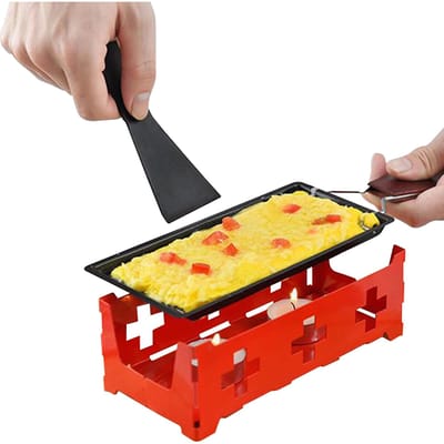 Anti-aanbak Raclette Grill Set Kaas Smeltpan met Spatel Opvouwbare Houten Handvat Gesmolten Kaas rood