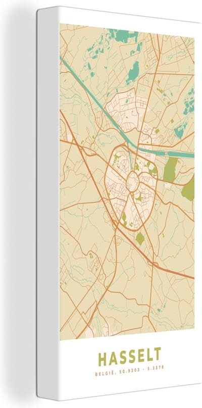 Canvas Schilderij Kaart - België - Hasselt - Plattegrond - Stadskaart - 20x40 cm - Wanddecoratie