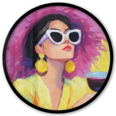 Poster in lijst Rond - Fotolijst 40x40 cm - Posters - Vrouw - Hoed - Paars - Wijn - Ronde posterlijst zwart - Decoratie - Wanddecoratie woonkamer - Muurdecoratie slaapkamer