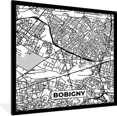 Fotolijst incl. Poster Zwart Wit- Stadskaart - Frankrijk - Bobigny - Kaart - Plattegrond - Zwart wit - 40x40 cm - Posterlijst