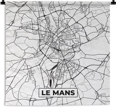 Wandkleed - Wanddoek - Stadskaart - Le Mans - Plattegrond - Kaart - Frankrijk - Zwart wit - 180x180 cm - Wandtapijt