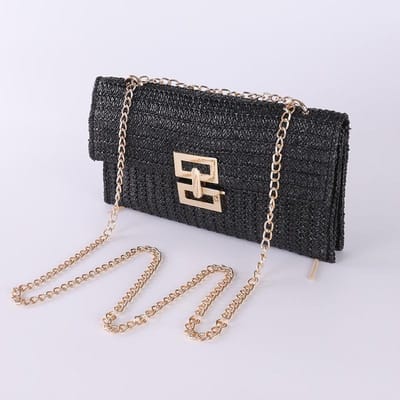 Pochette Tricotée Nouveau Style Rabat Paille Tressée Enveloppe Sac Style Vacances Décontracté Chaîne Multicouche Bandoulière Sac Tressé black