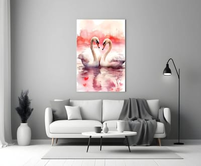 Glasschilderij Romantische Zwanen – Luxe Wanddecoratie van Gehard Glas – Roze Aquarel Kunst – 4 mm Veiligheidsglas - 90 x 60 cm