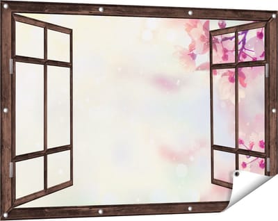 Gards Tuinposter Doorkijk Roze Bloesemboom met Zonneschijn - 120x80 cm - Tuindoek - Tuindecoratie - Wanddecoratie buiten - Tuinschilderij