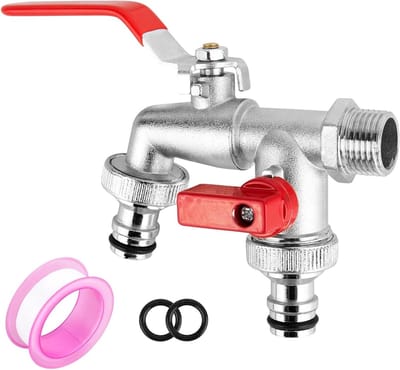 Dubbele Tuin Kraan 1/2 en 3/4 Inch met 2 Afdichtringen en Afdichtband - Messing voor Tuin en Huisgebruik