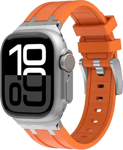 Siliconen bandje - geschikt voor Apple Watch series 1/2/3/4/5/6/7/8/9/10/11/ SE (1,2,3) / Ultra (1,2,3) met maat 44 mm / 45 mm / 46 mm / 49 mm - oranje-zilver