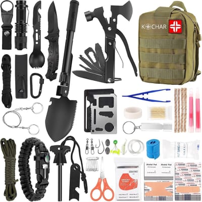 Kochar Noodpakket - 142 delige Survival kit - Overlevingspakket - Survivalsets - Noodpakket voor thuis overheid - Noodpakket oorlog - Noodrantsoen - Incl. vuurstarter - survivalmes - Nooddeken en Paracord - Rampenrugzak