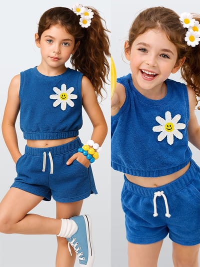 Denokids CFF-26Y1-019 Blauw Meisjes Badstof Crop Top & Shorts Set 104