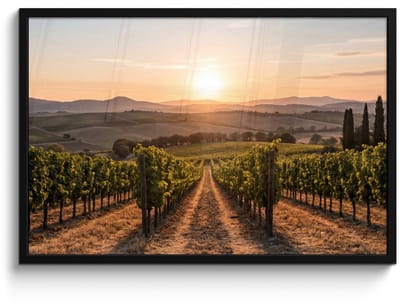Poster in lijst - Fotolijst 90x60 cm - Posters - Wijngaard - Zonsondergang - Landschap - Posterlijst zwart - Decoratie - Wanddecoratie woonkamer - Muurdecoratie slaapkamer