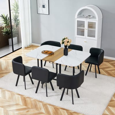OKWISH Eethoek Set Van 7 - Tafel Met 6 Stoelen - Ruimtebesparend Voor Keuken En Eetkamer - MDF, Metaal, PU - Wit Hout