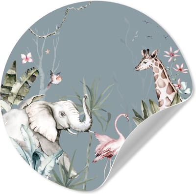 Behangcirkel - Muurstickers kinderkamer jongen - Dieren - Jungle - Safari - Blauw - Kinderen - Wandsticker - Ronde wanddecoratie - Wall sticker - 140x140 cm - Sticker behang - Muurstickers rond