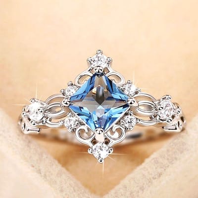1 pièce bague rétro princesse saphir bleu artificiel, bague de fiançailles décoration gemme pour femmes 10 white