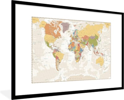 Poster in lijst - Fotolijst 90x60 cm - Posters - Wereldkaart - Retro - Kleuren - Educatief - Staatkundig - Posterlijst zwart - Decoratie - Wanddecoratie woonkamer - Muurdecoratie slaapkamer