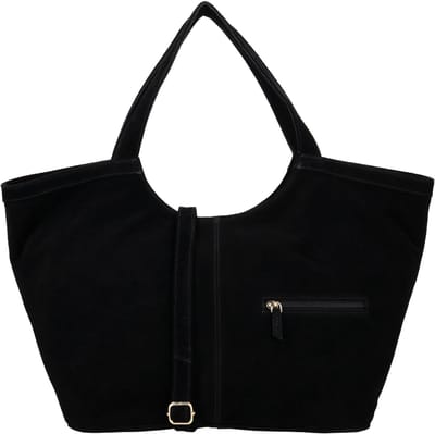 Charm London Sevilla Shopper - Suede - Ruime Tas - Verstelbare en Afneembare Schouderband - Dames - Leer - Schoudertas - Handtas - Leren Dames Tas - Zwart
