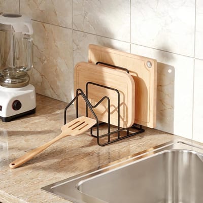 Famanu – Snijplankhouder met 4 vakken voor potdeksels 16–34 cm bakplaten en lepels keukenorganizer zwart