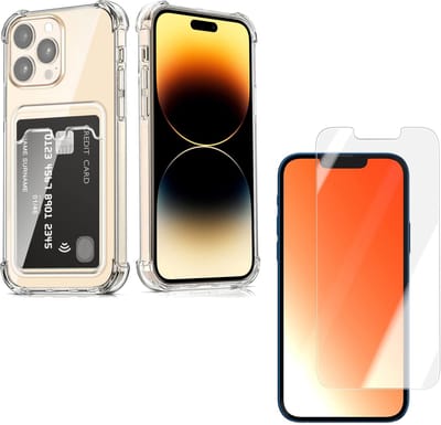 Schokbestendig TPU Hoes Kaarthouder + Screenprotector Geschikt voor: iPhone 14 Pro Max - Transparant - Hoesje met Achterkant Pasjeshouder