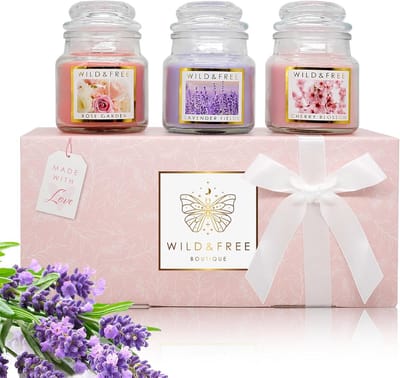 Bloemenscenties kaarsenset - kerserbloesem, lavendel en roos - geurkaarsen voor ontspanning en sfeer - ideaal als geschenk voor vrouw, moeder, vriendin of zus - voor verjaardag, kerst of elke dag