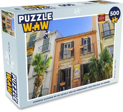 Puzzel Zomerse kleuren op de gevels van de gebouwen van Málaga in Spanje - Legpuzzel - Puzzel 500 stukjes