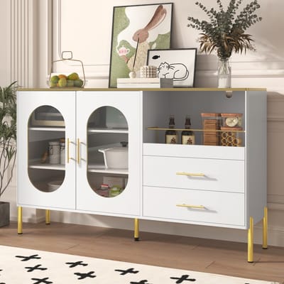 Wishdor Dressoir Met 2 Laden En 2 Glazen Deuren - Kabeldoorvoer - MDF - Wit Met Goudkleurige Accenten - 140 x 38 x 90 cm