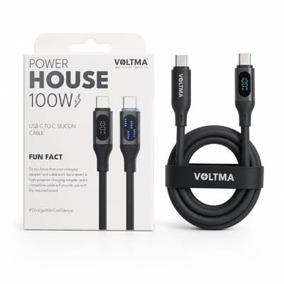 VOLTMA Power House USB-C naar USB-C Kabel 100W - 1.2 Meter - LED Display - Siliconen Oplaadkabel - Zwart