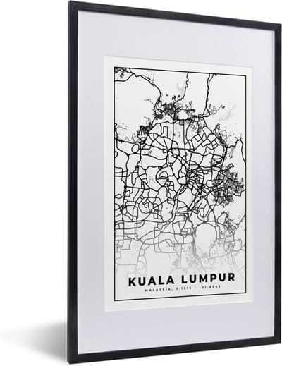 Fotolijst incl. Poster Zwart Wit- Kuala Lumpur - Kaart - Stadskaart - Plattegrond - Zwart Wit - 40x60 cm - Posterlijst