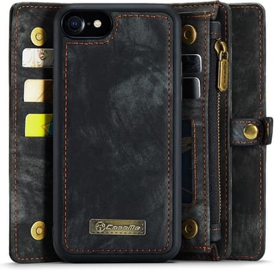 CaseMe Hoesje - Geschikt voor iPhone SE (2022/2020), iPhone 8 / 7 Hoesje - CaseMe 008 2-in-1 Book Case & Back Cover met Portemonnee - Zwart