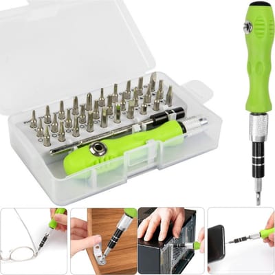 1 set - 32-in-1 precisieschroevendraaierset - reparatieset - kleine schroevendraaierbitset - magnetische minischroevendraaierset - schroevendraaieraccessoires - met antislipgreep - groen - geschikt voor brillen, horloges, elektronica