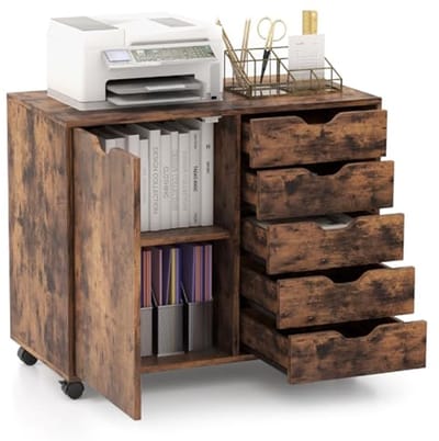 Rolcontainer met wieltjes en 5 laden - Kantoorwagen, ladekast, en printerstandaard - Hout, Wit - 79 x 39 x 65 cm