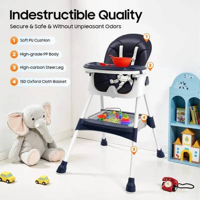 Home & Beyond® Opvouwbare Kinderstoel met Verstelbaar Dienblad, 5-Puntsgordel en Opbergmand - Wit en Donkerblauw - 60 x 78 x 94 cm
