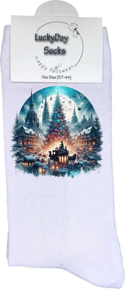 Kerstboom - Verjaardag cadeau - Grappige sokken - Print sokken - Leuke sokken voor heren en dames - Moederdag - Vaderdag - Cadeau voor hem en haar - Kerstcadeau - Kerstdorp - Vrolijke sokken - Valentijns cadeau - Socks maken Happy - Maat 37-44