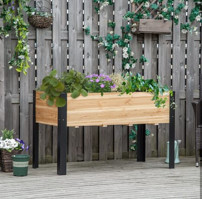 MEUNIQ verhoogde moestuinbak 120 x 60 x 74 cm met houten plantenbak, stalen poten en binnenvoering, voor tuin en balkon, naturel en zwart