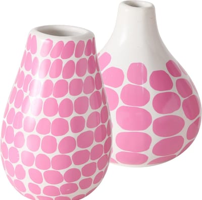 Set van 2 witte keramieken vaasjes met een roze vlakken motief