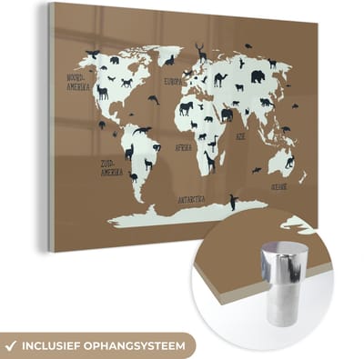 ® Glasschilderij 180x120 cm - Schilderij acrylglas - Wereldkaart - Dieren - Bruin - Foto op glas - Muurdecoratie woonkamer - Wanddecoratie slaapkamer - Schilderijen