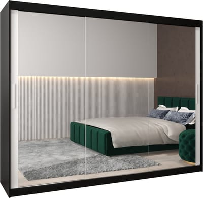 InspireMe - Kledingkast met 3 schuifdeuren, Modern-stijl, Kledingkast met planken (BxHxD): 250x200x62 - TORM III 250 Zwart Mat + Wit Mat