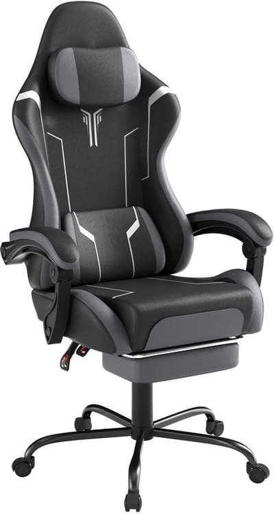Froadp Gamingstoel Bureaustoel Ergonomisch In hoogte verstelbaar met hoofdkussen Trilmassage Lendenkussen Voetensteun Armleuningen Veloursstof Zwart-grijs