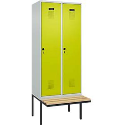 Kleiderspind C+P Evolo Plus, 2 Abteile à 400 mm Breite, schwebende Sitzbank, B 800 x T 815 x H 2120 mm, Drehriegel, lichtgrau/clowngrün