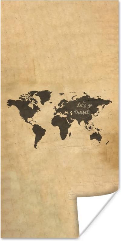 Poster 60x120 cm - Wereldkaart - Zwart - Spreuken - Posters - Kamer decoratie - Wanddecoratie woonkamer - Muurdecoratie slaapkamer