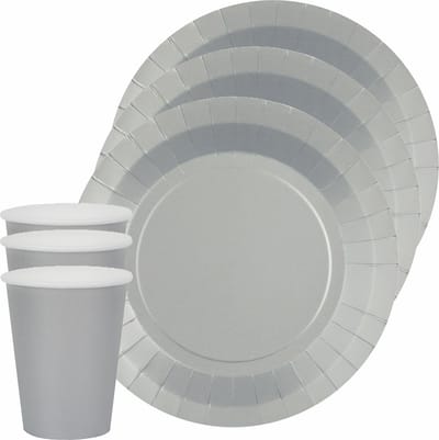 Santex feest/verjaardag servies set - 10x bordjes en bekertjes - zilver - karton