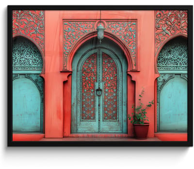 Poster in lijst - Fotolijst 70x50 cm - Posters - Lantaarn - Deur - Turquoise - Posterlijst zwart - Decoratie - Wanddecoratie woonkamer - Muurdecoratie slaapkamer