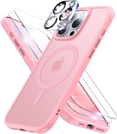 Hoesje Met Camera lens en 2x Screenprotector Geschikt voor: Apple iPhone 15 Pro - Compatibel met MagSafe - Back Cover met Magneet - Draadloos Opladen met Magnetische Ring - Roze