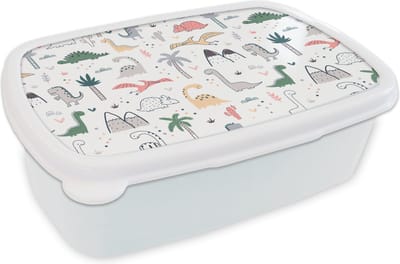Broodtrommel Wit - Lunchbox - Brooddoos - Patronen - Dino - Boom - Jongetje - Jongens - Kinderen - Kids - 18x12x6 cm - Volwassenen