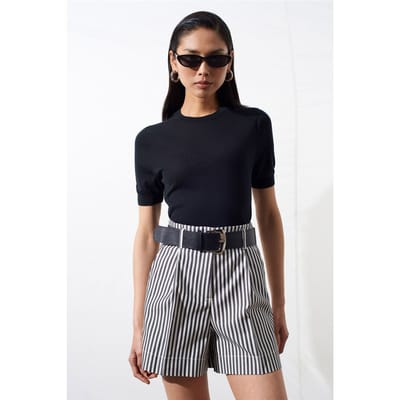 Geribbelde Korte Mouwen Blouse met Ronde Hals