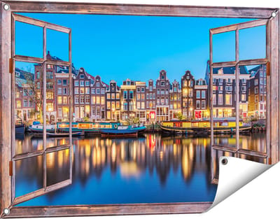 Gards Tuinposter Doorkijk Amsterdamse Huisjes in de Avond met Lichten - 90x60 cm - Tuindoek - Tuindecoratie - Wanddecoratie buiten - Tuinschilderij