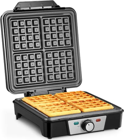 Wafelijzer voor 4 Belgische wafels, 1200 W, elektrisch met antiaanbaklaag, instelbare temperatuur en eenvoudig schoon te maken, roestvrij staal