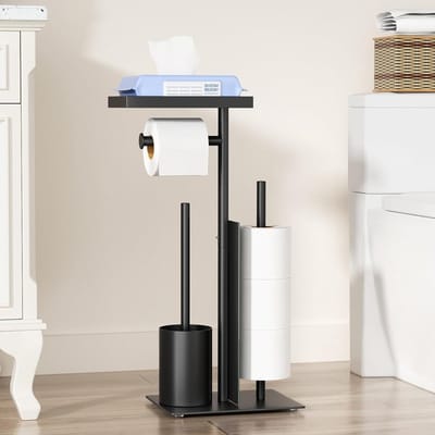 Complete toiletset met toiletborstel, toiletpapierhouder en vochtige doekjesbox, staand met glazen plank (zwart, mat) voor een moderne badkamer inrichting