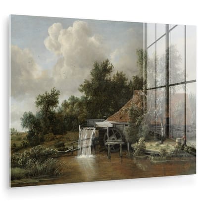 ® Glasschilderij 160x120 cm - Schilderij acrylglas - Een watermolen - Kunstwerk van Meindert Hobbema - Foto op glas - Muurdecoratie woonkamer - Wanddecoratie slaapkamer - Schilderijen