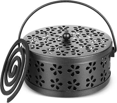 Houder voor muggenspiraal - Muggenspiraal – Draagbaar met handvat – Opengewerkt ontwerp – Vintage stijl – Ronde metalen standaard – IJzeren constructie – Muggenwerend – Geschikt voor binnen en buiten – Zwart