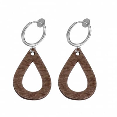 Klem oorbellen- bruin- hout- zilverkleur- Fleron -geen gaatje-Charme Bijoux