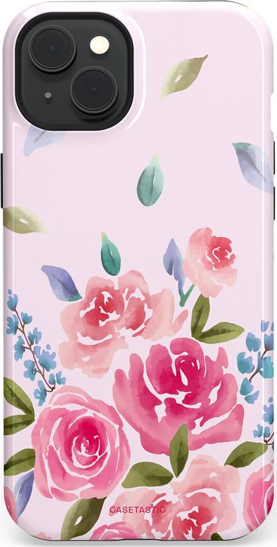 Casetastic hoesje geschikt voor Apple iPhone 15 Plus - MagSafe - Dubbellaagse bescherming - Aquarel Bloesem - Fashion Case - Lichtroze Lila Saliegroen